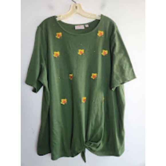 Quacker Factory Women Dark Green w/Brown Leaf Embroidery Cotton Shirt size 2X - Picture 1 of 7